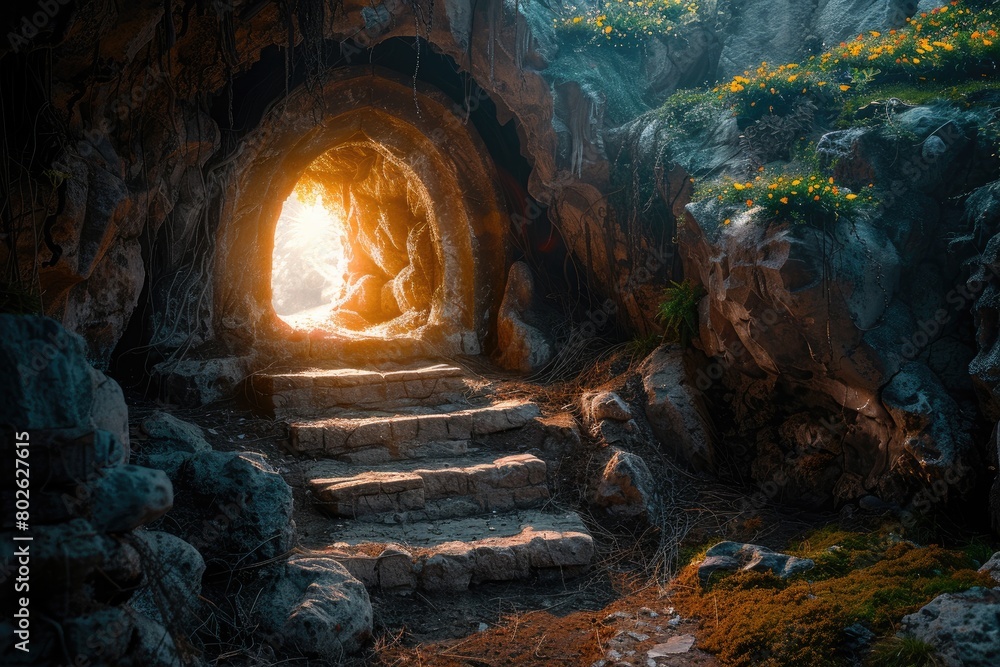 Cave entrance overgrown with moss and vines Cave entrance overgrown with moss and vines