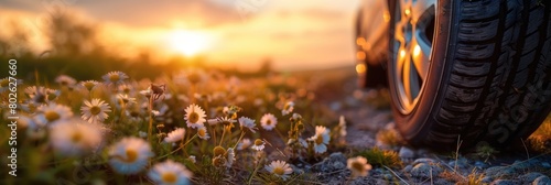 Close up of a car tire on a road next to a field of flowers at sunset
