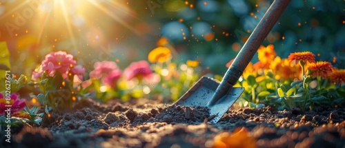Close up of a shovel in the garden with flowers in the background photo