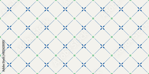 Leaf and floral pavement patterns. Seamless nostalgic Nanyang style backdrop texture in vector. Blue, green and cream print and digital wallpaper resource. (ID: 802628093)