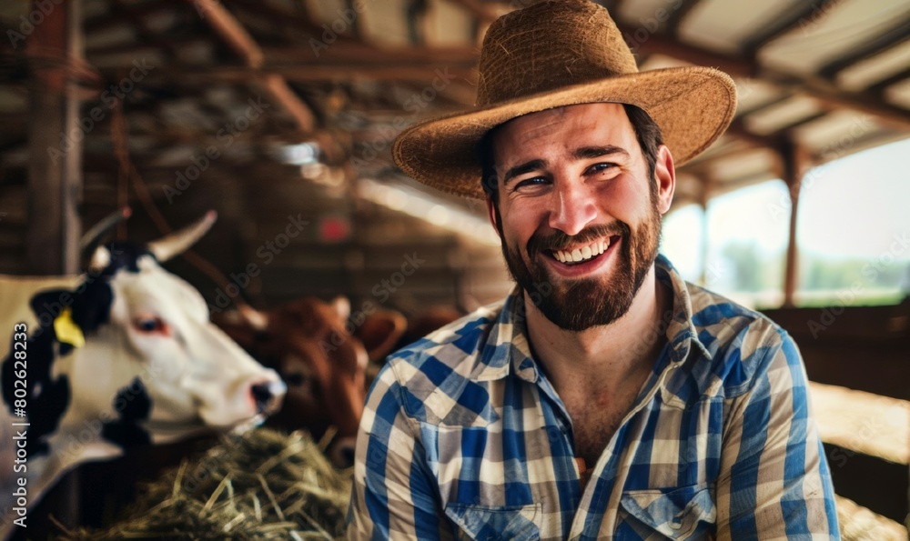 A smiling  male farmer on the background of a cowshed. The concept of farming and animal husbandry. Eat local.