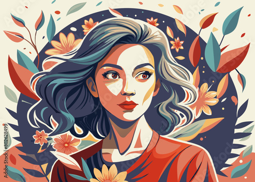 Vector illustration of a woman with a red shirt is standing in front of a floral background