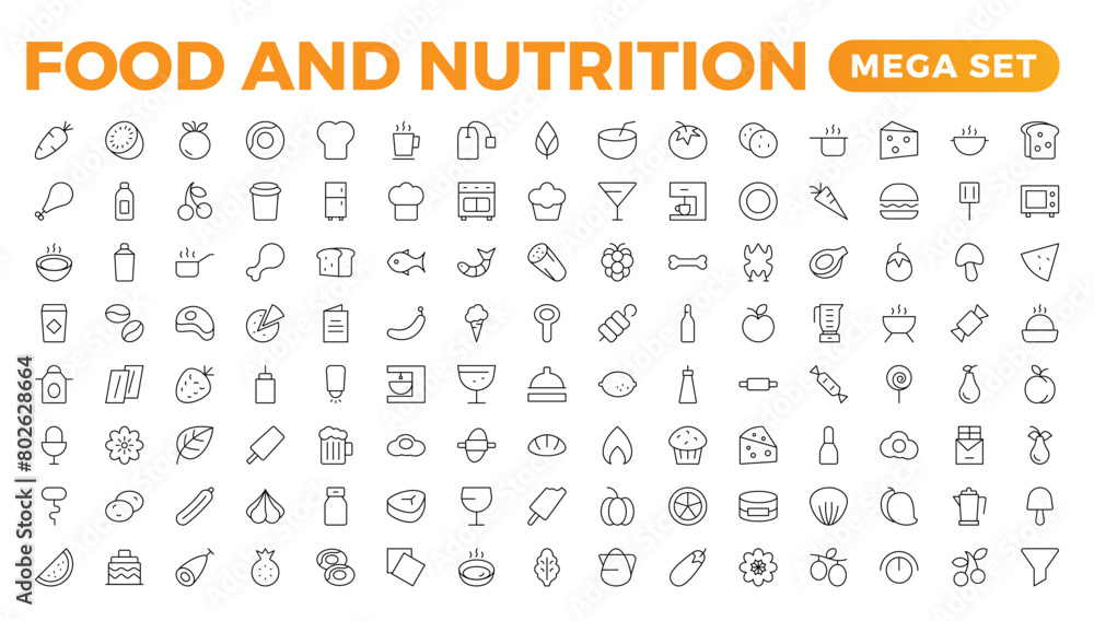 Fruits and Nutrition line icons collection. Big UI icon set in a flat ...