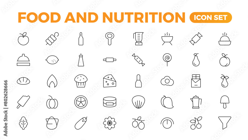 Fruits and Nutrition line icons collection. Big UI icon set in a flat ...