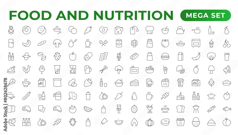 Fruits and Nutrition line icons collection. Big UI icon set in a flat design. Thin outline icons pack. Vector illustration. Fruits and vegetables icons set. Food vector illustration.Outline icon set.