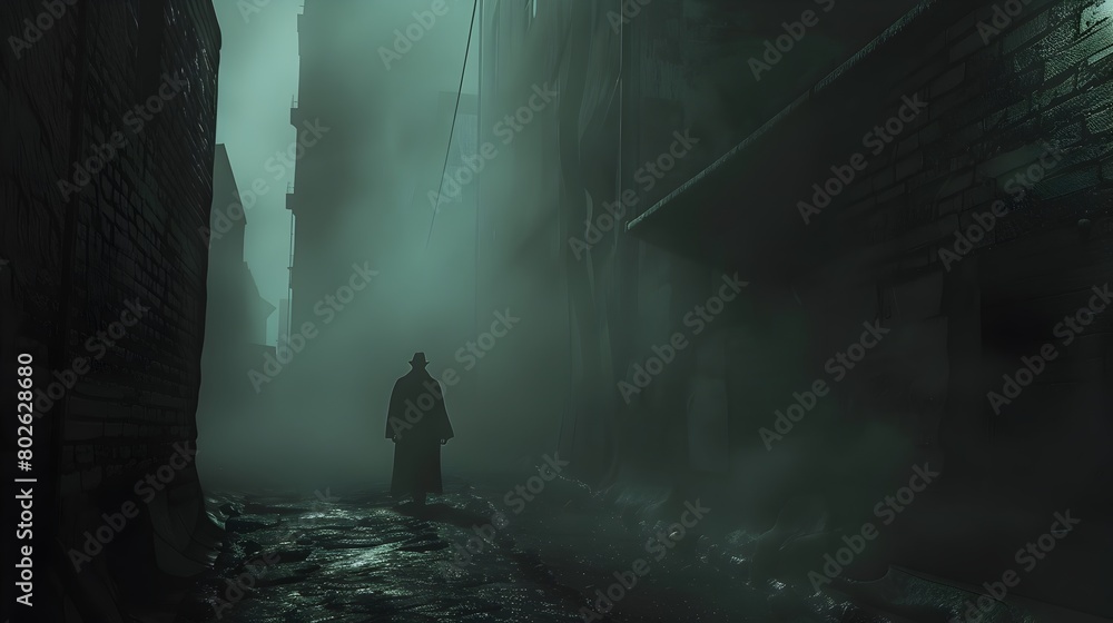 Obraz premium Eerie Silhouette in Foggy Urban Alley Suspenseful Mystery Thriller Concept