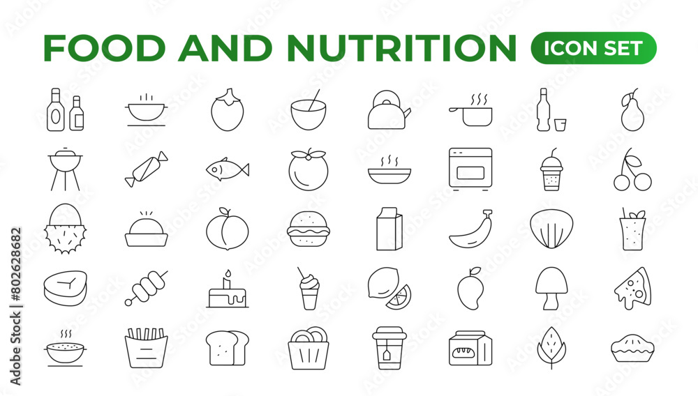 Fruits and Nutrition line icons collection. Big UI icon set in a flat design. Thin outline icons pack. Vector illustration. Fruits and vegetables icons set. Food vector illustration.Outline icon set. Fruits and Nutrition line icons collection. Big UI icon set in a flat design. Thin outline icons pack. Vector illustration. Fruits and vegetables icons set. Food vector illustration.Outline icon set.