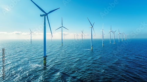 Windmill park in ocean under clear blue sky on a sunny day