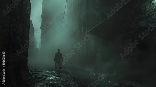 Eerie Silhouette in Foggy Urban Alley Suspenseful Mystery Thriller Concept