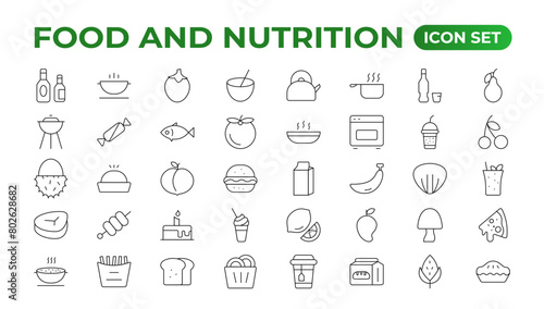 Fruits and Nutrition line icons collection. Big UI icon set in a flat design. Thin outline icons pack. Vector illustration. Fruits and vegetables icons set. Food vector illustration.Outline icon set.
