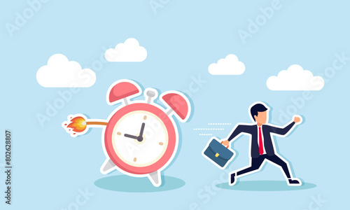 Managing time racing against project deadlines or facing hurdles in product delivery, concept of Afraid businessman fleeing from ticking time bomb ready to explode