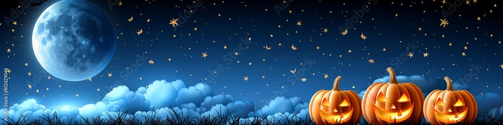 Spooky Halloween Night Scene with Jack-o'-Lanterns Under a Full Moon and Falling Snow, Creating a Mystical Atmosphere
