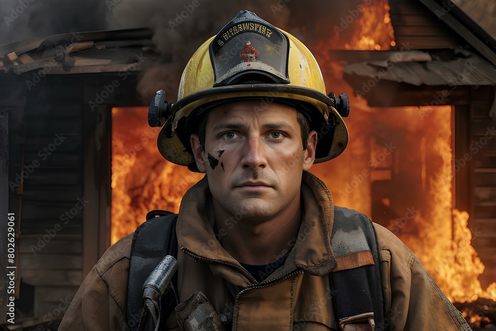 Fototapeta premium 소방관,불,화재,주택,노란모자,그을림,인물,정면사진,