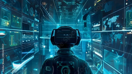 Immersive Virtual Reality Experience with Futuristic Digital Interface and Holographic Displays
