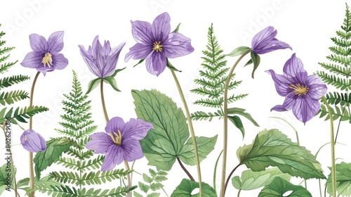 Botanical Art of Purple Flowers and Ferns 