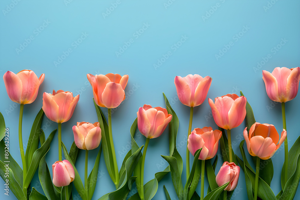 Obraz premium Spring tulip flowers on blue background top view in flat lay style, suitable for women's or mother's day greeting or spring sale banner.