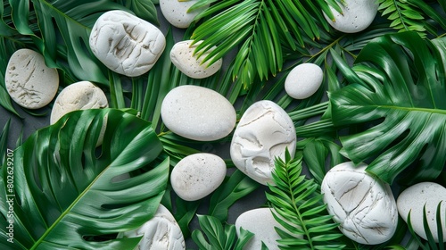  Tropical image of white stones and leaves background 