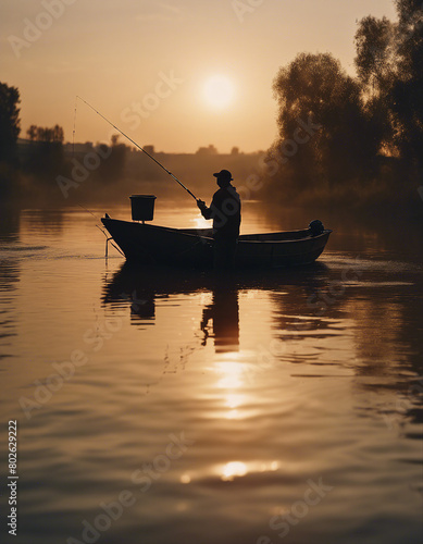 silhouette of man fishing in flowing river in his small boat, sunset view 