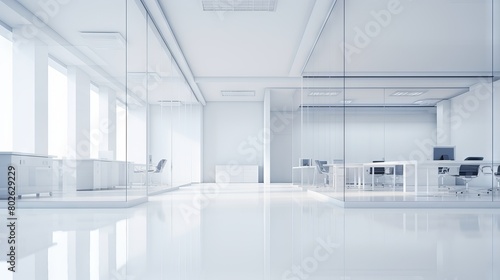 Modern corporate workspace: bright white office interior with glass elements and empty wall