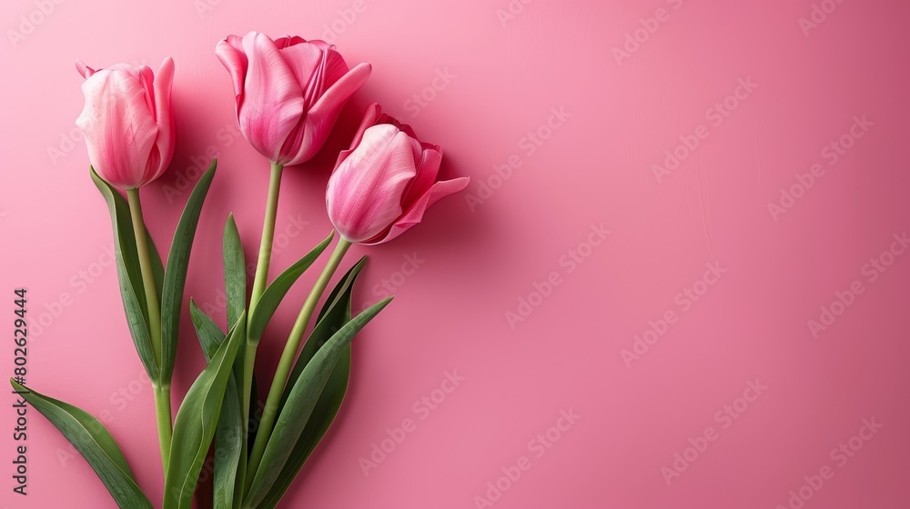 Bright pink tulips arranged elegantly against a vivid pink background, perfect for spring themes.