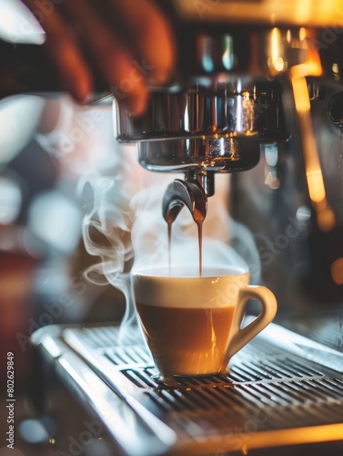 In a close-up shot, a coffee machine is captured pouring and preparing espresso, showcasing the intricate process and craftsmanship involved in creating the perfect cup of coffee.
