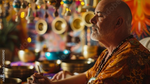 A man sitting in a room filled with vibrant chimes bells and singing bowls as he experiences the theutic benefits of a sound journey during a sound healing session.