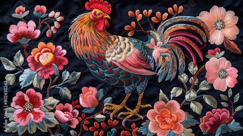 Rooster Embroidery in Traditional Floral Style 