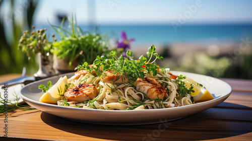 Plate of seafood linguine served at a seaside restaurant, focus on the fresh clams and herbs, ocean view in background