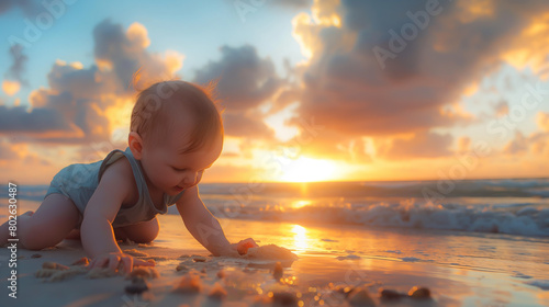 baby playing with sand On a quiet beach photo