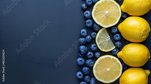 Flat lay of summer-themed ingredients for lemonade: lemons, oranges, mint leaves, and blueberries, with ample copy space, top view.