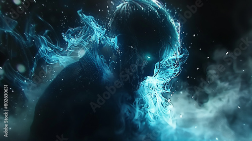 A man with blue hair and blue eyes is surrounded by smoke and water