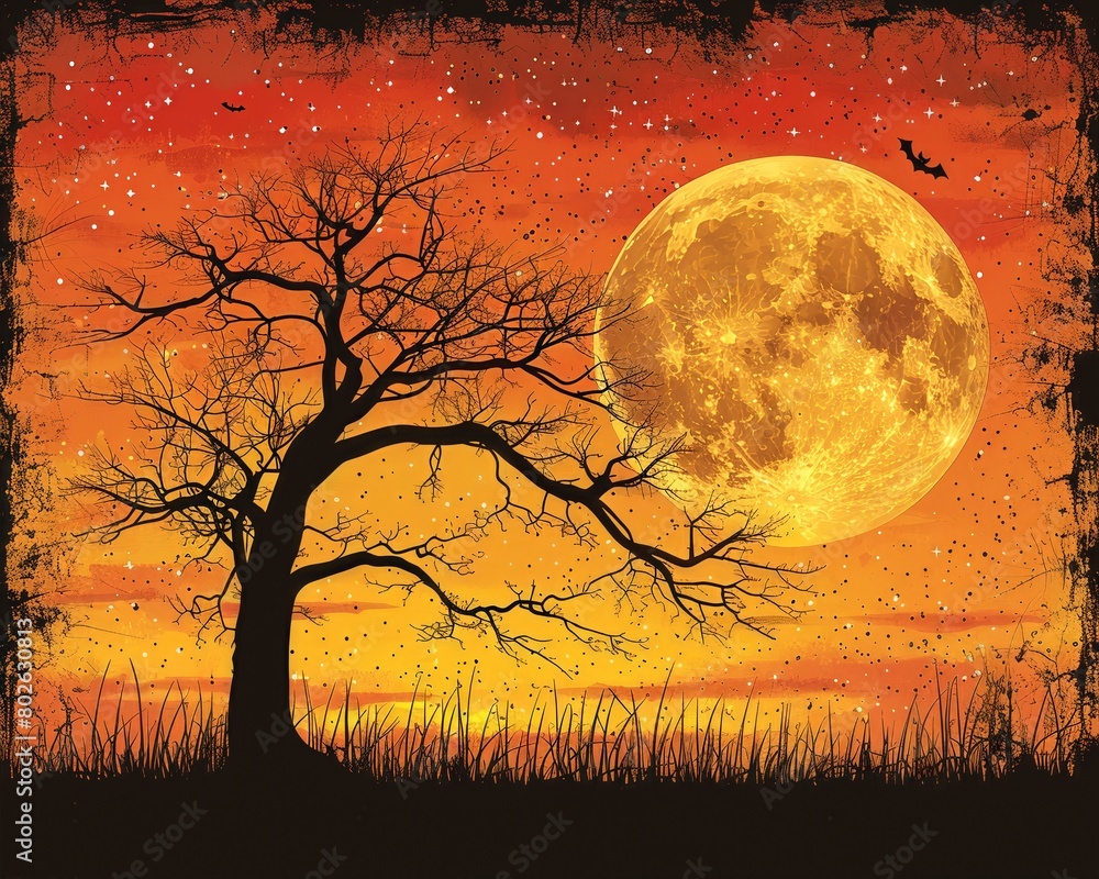Halloween Themed Landscape with a Barren Tree, Giant Moon, and Bats on a Fiery Sunset