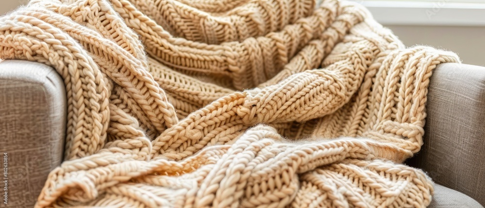 Close-up of a soft, hand-knitted throw on a comfortable chair, cozy home environment Close-up of a soft, hand-knitted throw on a comfortable chair, cozy home environment