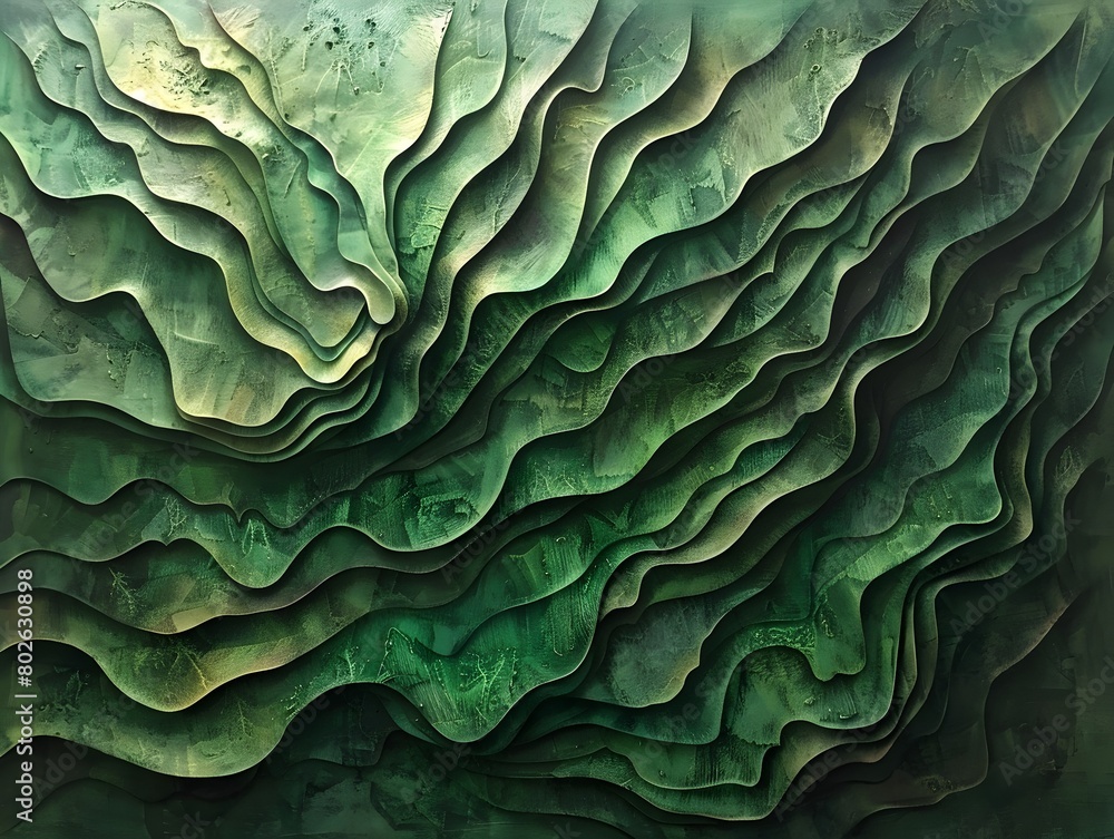 Fototapeta premium Lush and Verdant Evergreen Landscape with Interlocking Shapes and Dramatic Chiaroscuro Lighting Evoking the Cycles of Nature