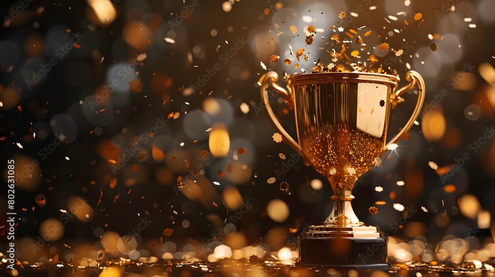 A golden winners trophy for first place with confetti and streamers falling, representing visualized goals achieved.