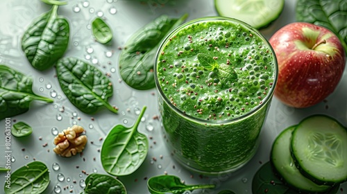 A refreshing smoothie of spinach  apples  cucumbers and walnuts against a clean white background. Generative AI