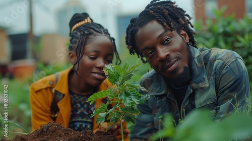 In a beautiful portrait, an african couple is captured planting a new plant together in their garden, symbolizing their shared commitment to nurturing growth and cultivating a flourishing environment.