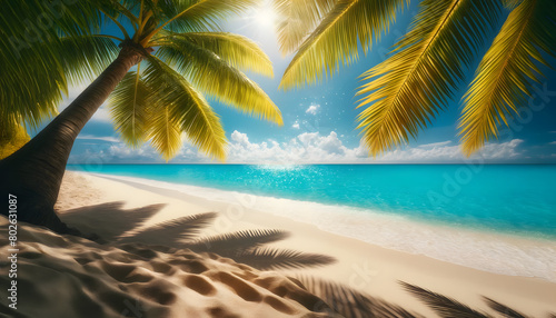 Tropical Beach Paradise: Palm Shadows on Azure Blue Waters © Thành Đô Nguyễn