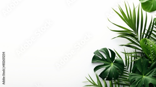 Zen-inspired arrangement of green tropical leaves on a clean white background, suitable for spa and relaxation themed visuals,