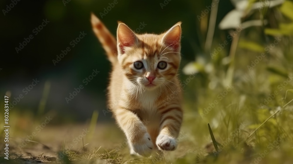 cat running in the forest. Created with Generative AI.