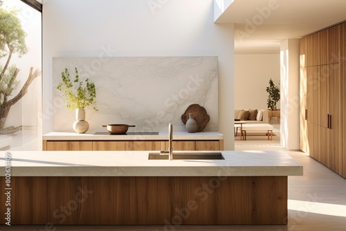 Spanish Modern Kitchen with Wooden Accents and Plants, Marble Backsplash