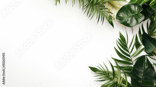 Minimalist composition of lush tropical foliage against a clean, white backdrop, providing ample copy space for text,