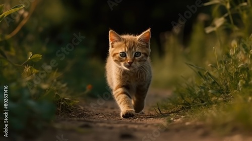 cat running in the forest. Created with Generative AI.