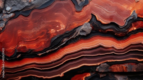 Close-up of banded iron formation with vibrant red and metallic layers, suitable for dynamic and energetic backgrounds, photo
