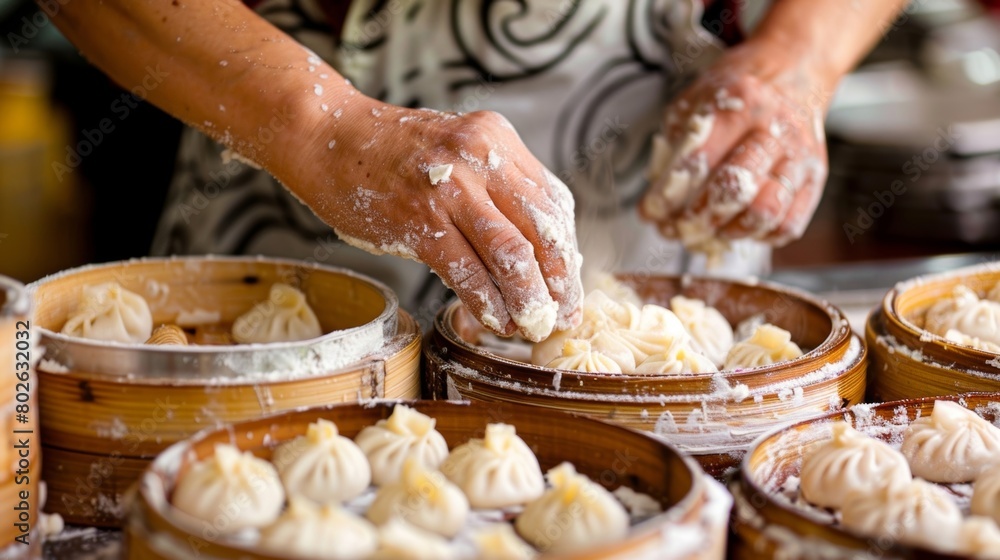 A closeup of a students hands skillfully shaping delicate dumplings during a Chinese dim sum cooking class. A closeup of a students hands skillfully shaping delicate dumplings during a Chinese dim sum cooking class.