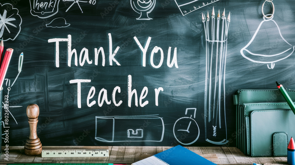 thank you teacher appreciation blackboard with school supplies Stock ...