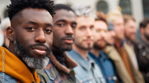A group of men of varying ages and backgrounds gathered for a fashion show featuring diverse and inclusive looks celebrating the beauty of diversity.