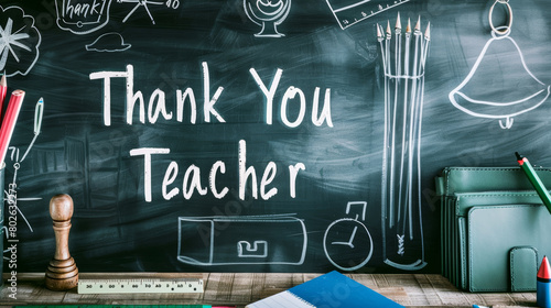 thank you teacher appreciation blackboard with school supplies photo
