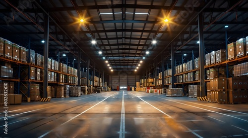 A large warehouse with high ceilings and lots of lighting, filled with pallets stacked all the way to the ceiling, and boxes on top. 