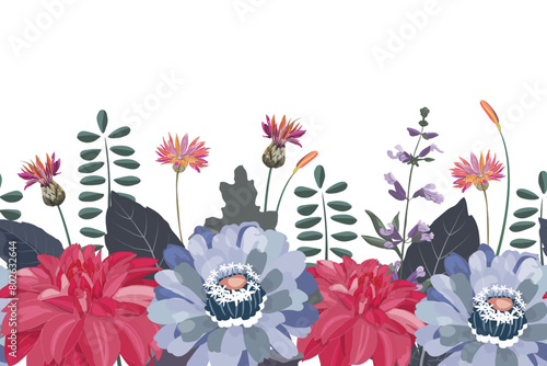 Vector floral seamless pattern, border. Zinnias, dahlias and cornflowers